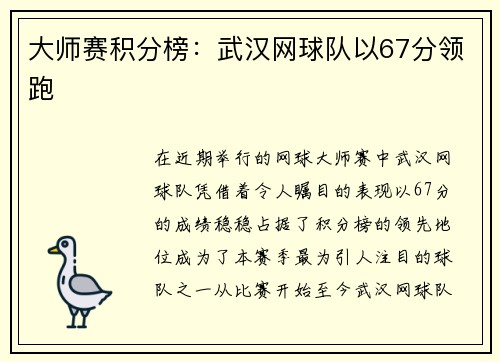 大师赛积分榜：武汉网球队以67分领跑