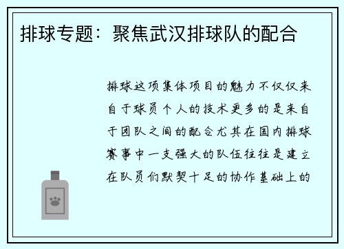 排球专题：聚焦武汉排球队的配合