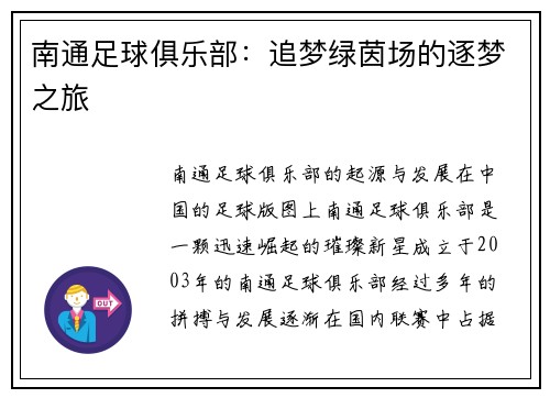 南通足球俱乐部：追梦绿茵场的逐梦之旅