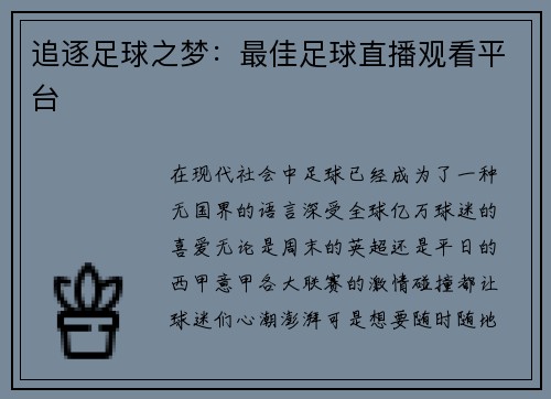 追逐足球之梦：最佳足球直播观看平台