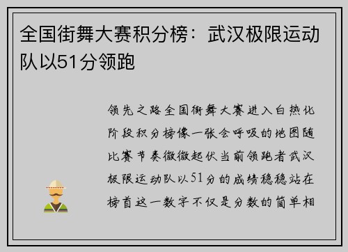 全国街舞大赛积分榜：武汉极限运动队以51分领跑