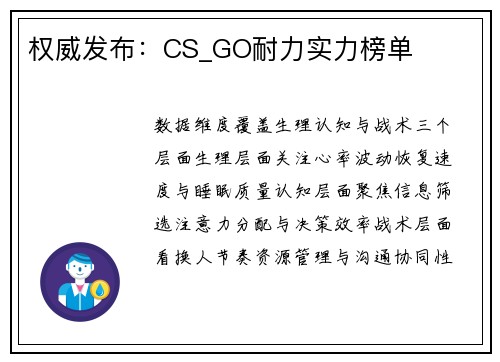 权威发布：CS_GO耐力实力榜单
